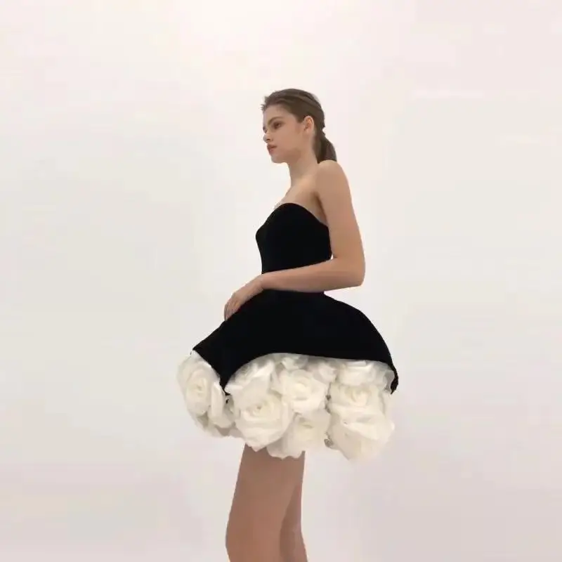 Fnoexw Black/White Ball Gowns Short Prom Dresses Velvet And Organza 3D Flowers Mini Tutu Fluffy Party Evening Gowns Graduation