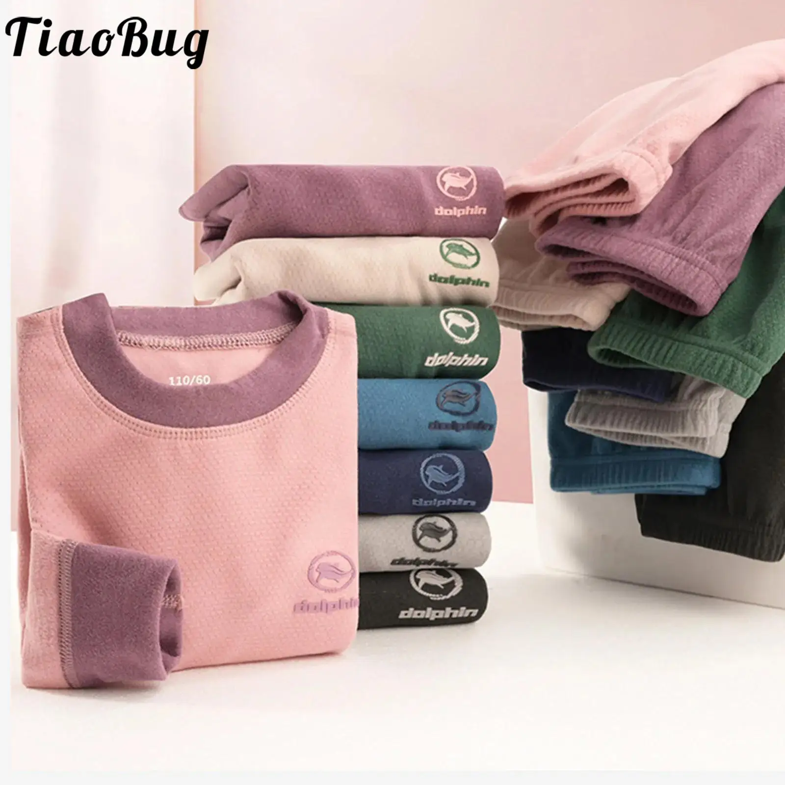 

2023 Kids Girls Boys Contrast Color Thermal Underwear Set Homewear Nightwear Long Sleeve Round Neck Pullover Tops with Leggings