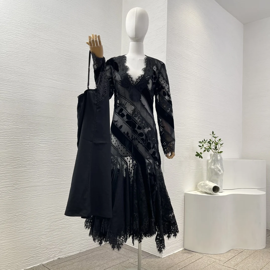 2025 New Hot Black Beige Lace Patchwork Irregular Hem Pleat V Neck Midi Dress for Women