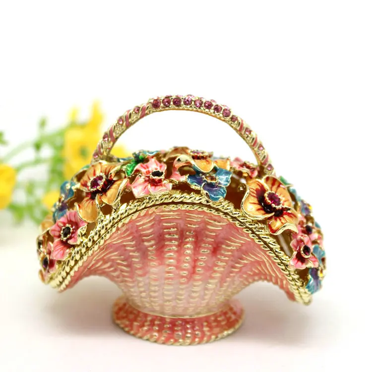 SHINNYGIFTS Enameled Basket Trinket Box with Floral Design Hand Painted Hinged Jewelry Box  Vintage Home Decor Gift for Women