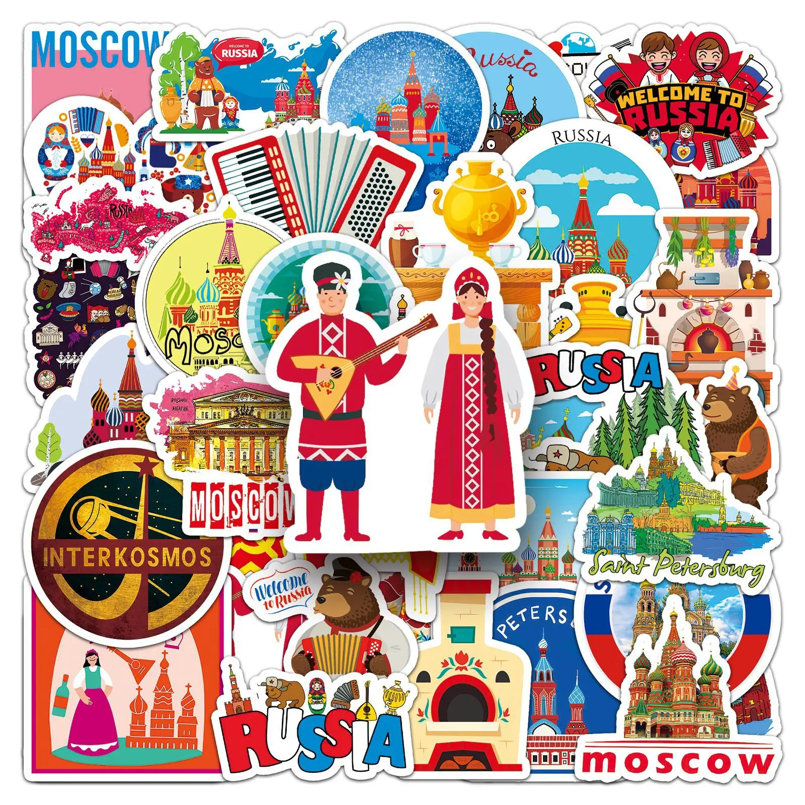 

50PCS Russian Outdoor Travel Stickers Moscow St. Petersburg Travel Decorative Luggage Phone Case Waterproof Stickers Kids Toy