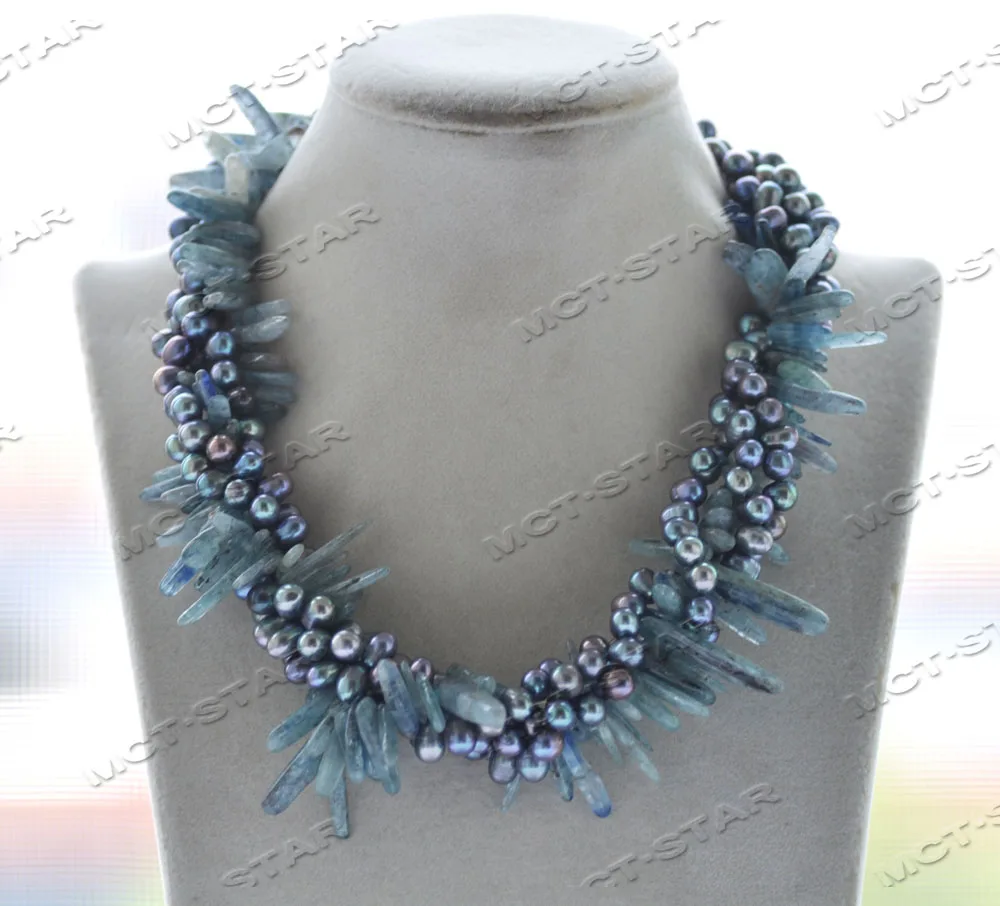 

Z12204 4Row 18'' Blue Acicular Crystal Black Rice Pearl Necklace Flower Custom jewelry