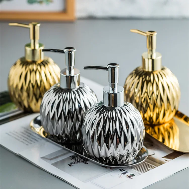 Luxury Gold Soap Dispenser with Press handle  Ceramic Silver stainless steel Tray Bathroom Accessory