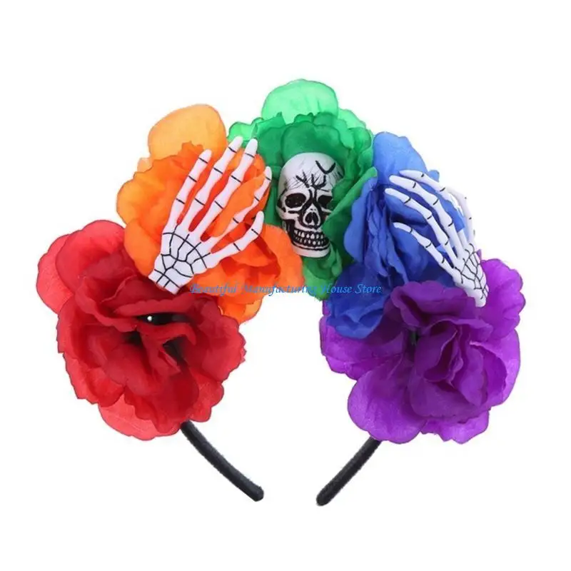 E56A Skull Headband Day Of the Dead Headband Goth Flower Crowns Goth Flower Headband