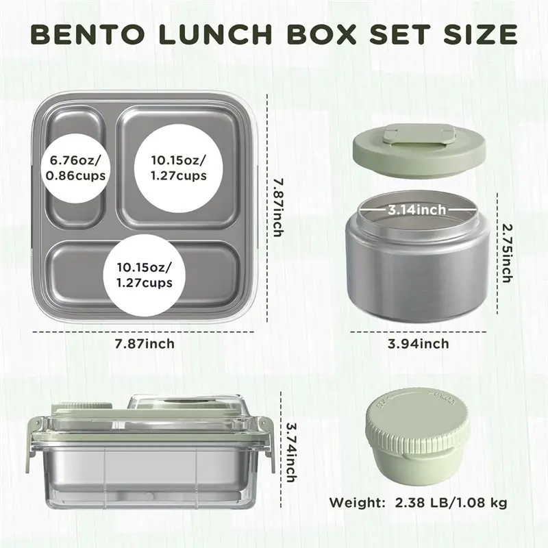 Handy Tool For Kids Adults Stainless Steel Bento Box With 8 Oz Insulated Food Jar, Leak-Proof Metal Lunchbox Set Including Sauce