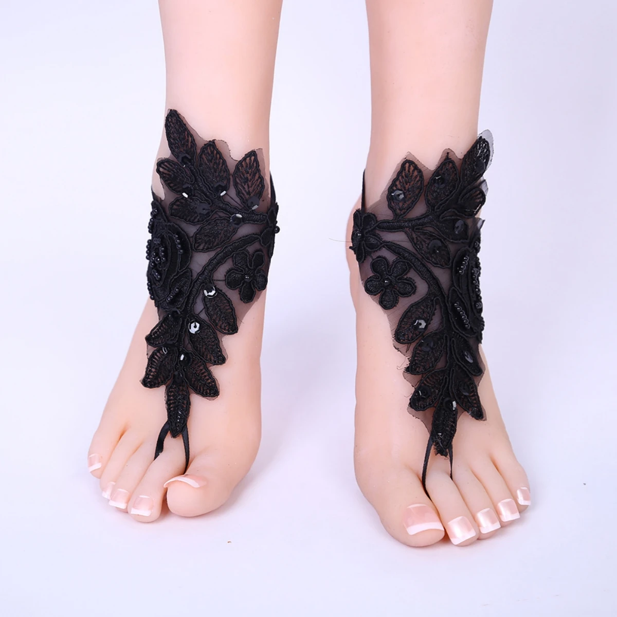 

Wedding Anklets Lace Black Decor Barefoot Chain Accessories Lady Bridal Beach Foot Jewelry Chain Embroidery Floral Flower