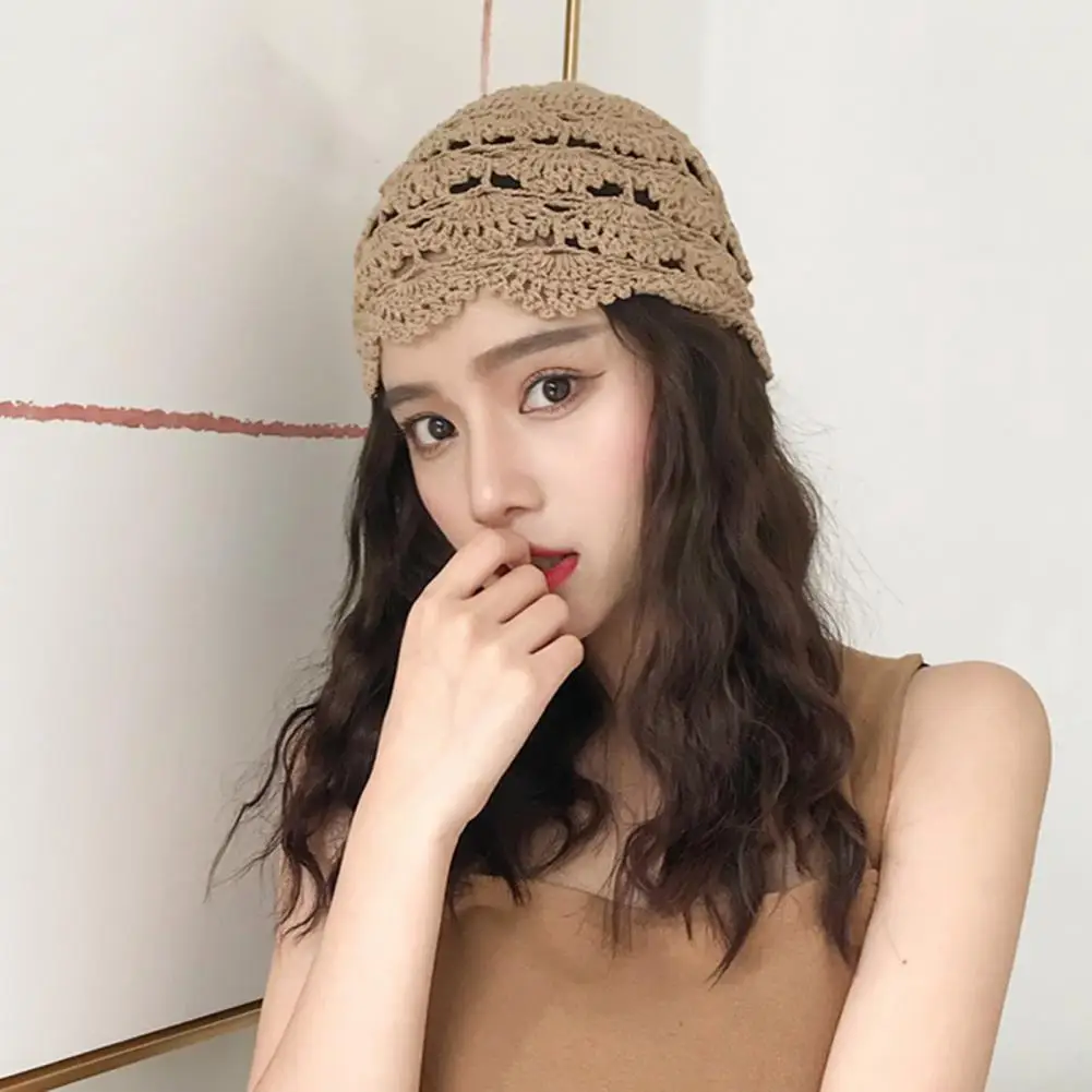 Ladies Hat Hollow Out Lace Soft Manual Crochet Knitted Cap Elastic Solid Color Women Beanie Anti-slip Cap Beanie Femenina 여성용 모자