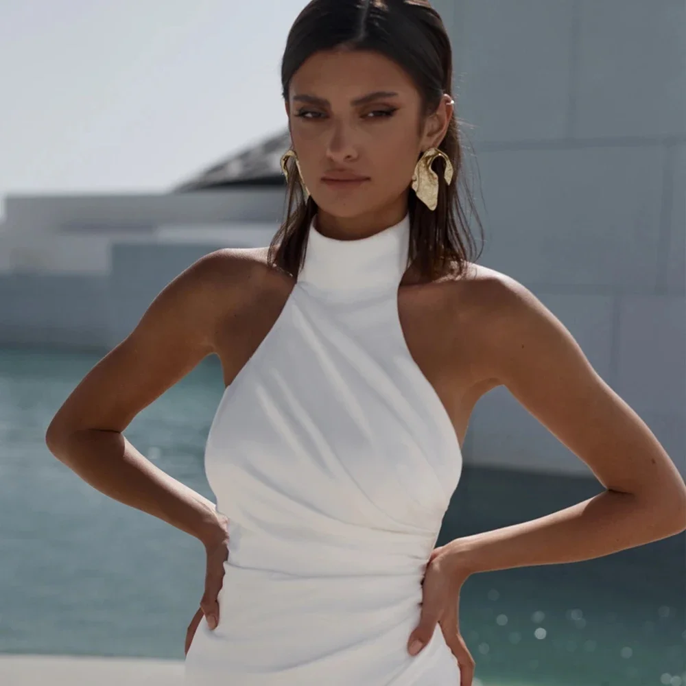 ジェーン・エアセクシーなマーメイドウェディングドレス女性ハイカラーオープンバックノースリーブサイドスリットプリーツブライダルドレスvestidoデノイバカスタマイズ