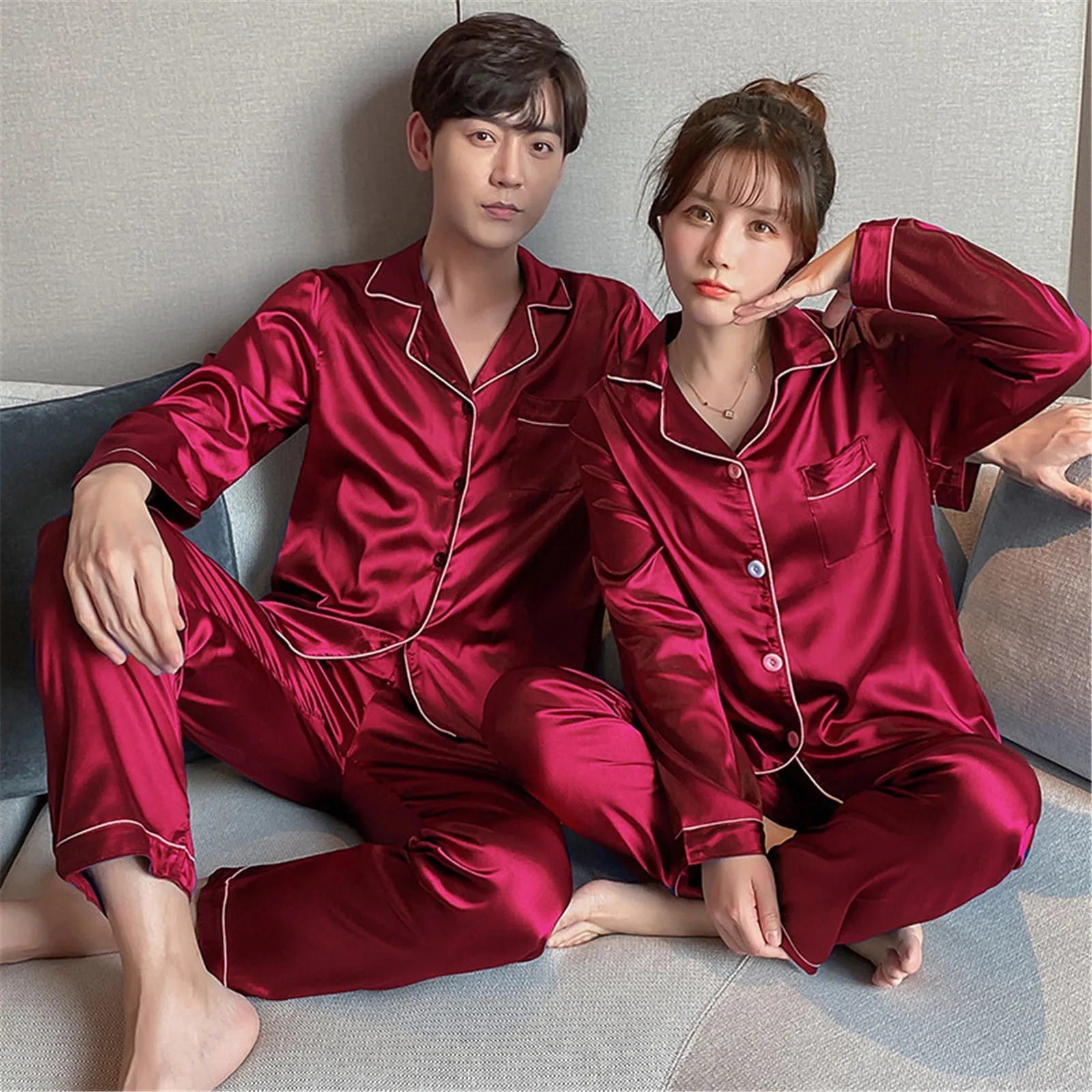 

Solid Color Sleepwear Silk Satin Pajamas Couple Set Long Button-Down Pyjamas Suit Pijama Women Men Loungewear Plus Size Pj Set