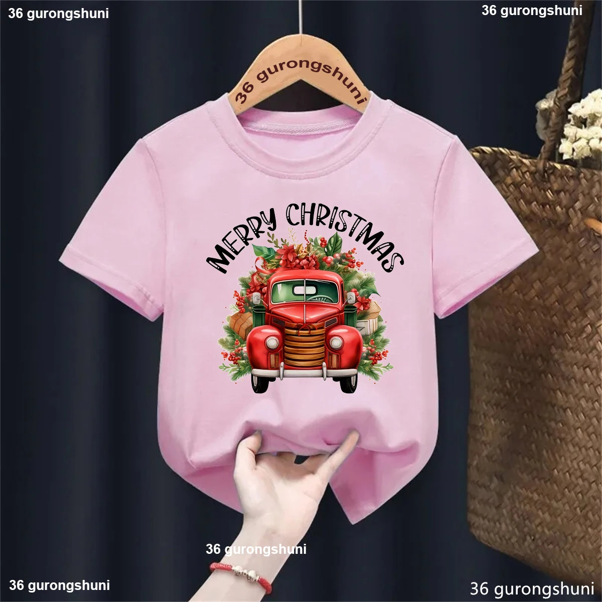 Merry Christmas Tractor Graphic Printed T Shirt Girls/Boys Xmas Gift Tshirt Kawaii Kids Clothes Summer Solid T-Shirt Streetwear