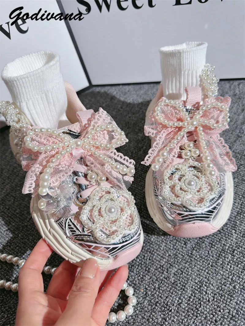 Cute and Sweet Little Girls New Spring and Autumn 2026 Korean Casual Shoes Kids Pearl Lace Bow Mesh Breathable Chunky Sneakers
