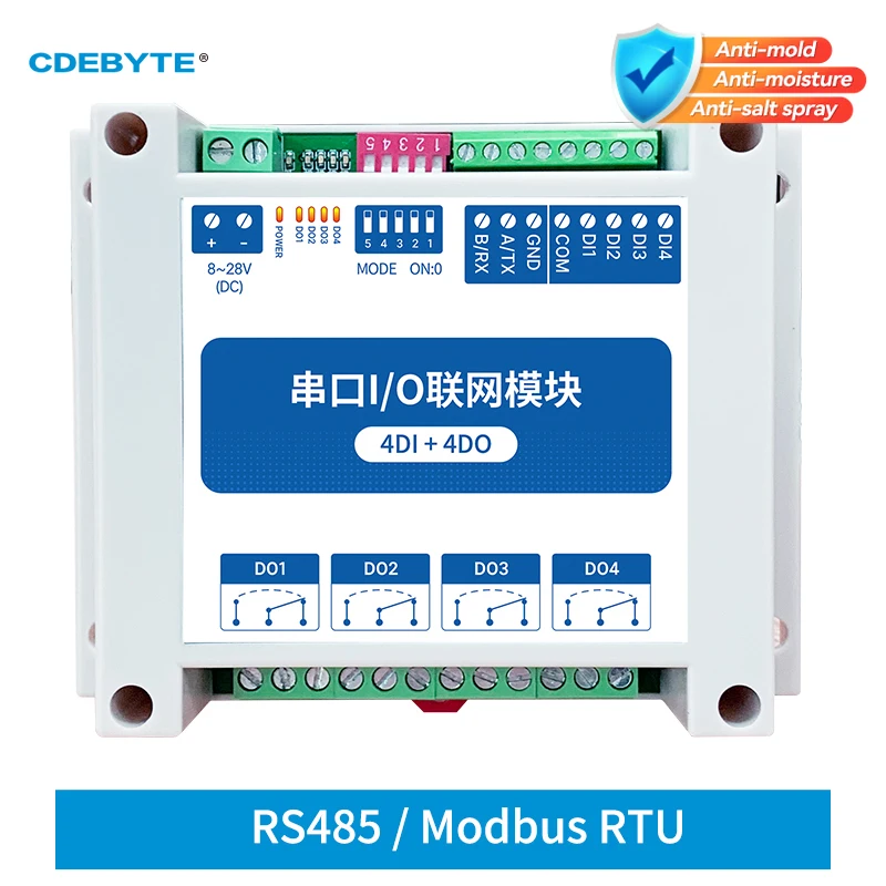 ModBus RTU Serial IO Module RS485 Interface 4DI+4DO 4 Digital Outputs Rail Installation 8~28VDC CDEBYTE MA01-AXCX4040
