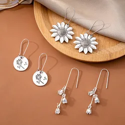 Vintage Sunflower Dandelion Convallariae Silver Color Earrings 2024 Personality Bohemia Metal Flower Earrings Female Jewelry