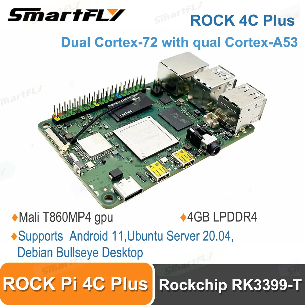 Smartfly ROCK Pi 4C Plus 4GB SBC Rockchip RK3399 -T Single Board Computer support Android 11/Ubuntu Server 20.04/Debian System