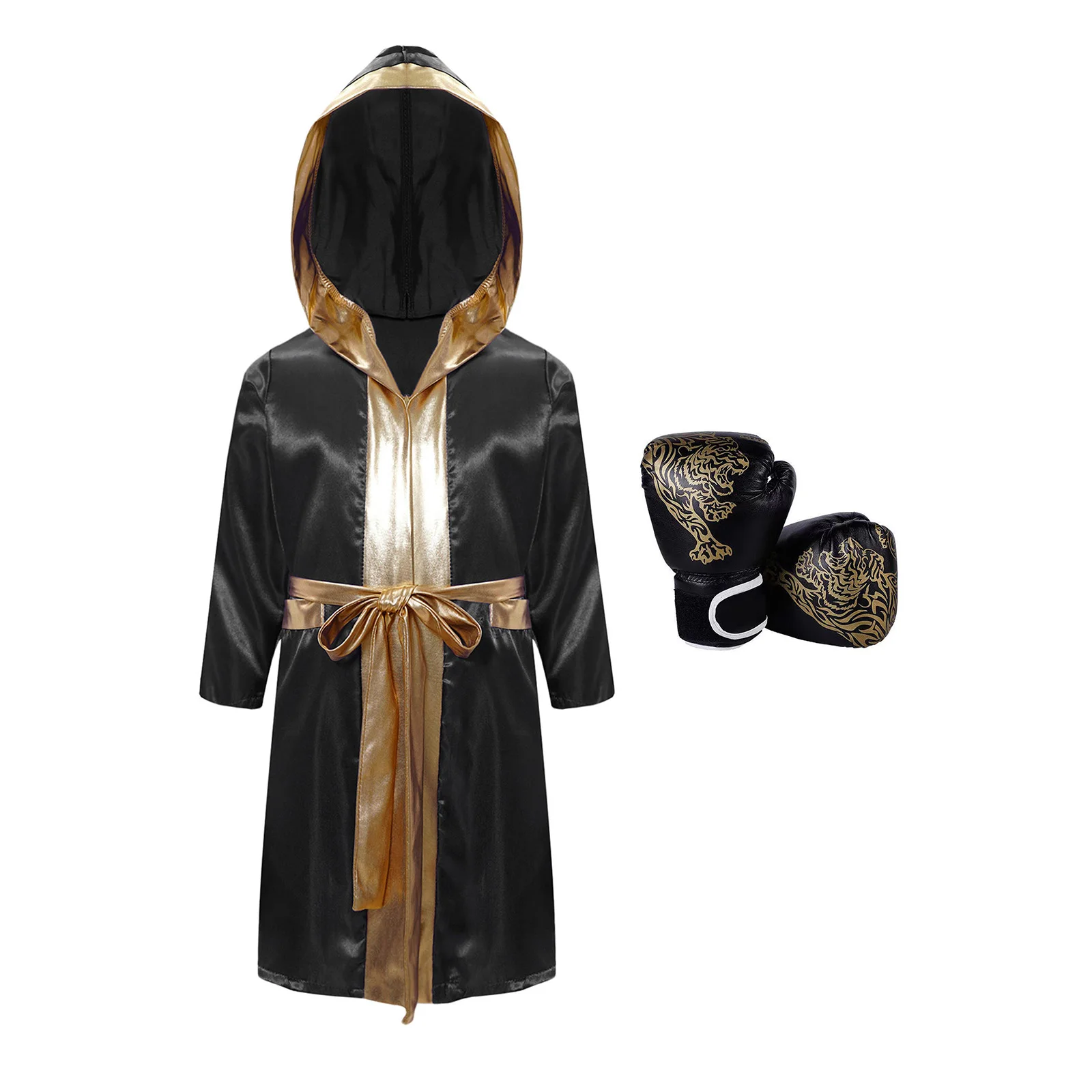Kids Boys Boxing Robes Children Training Costume Outfit Grappling Muay Thai Hooded Robe with Belt Shorts Bjj Boxer Gloves Set