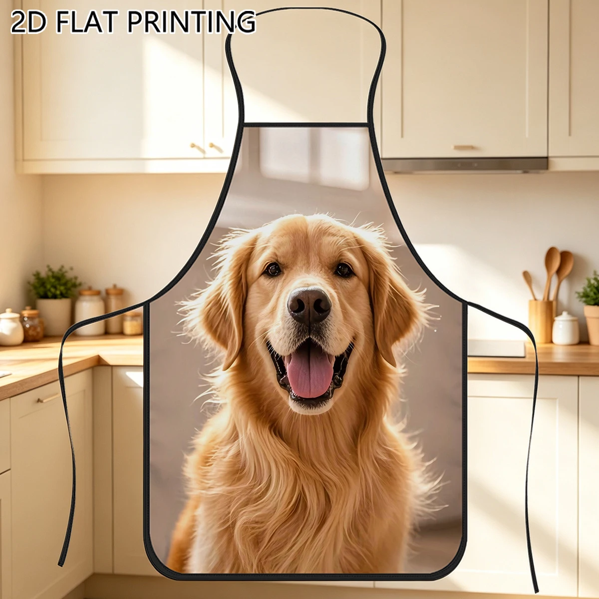 1pc Smiling Golden Retriever Dog Pattern Apron For Pet Lovers Kitchen Baking Cooking