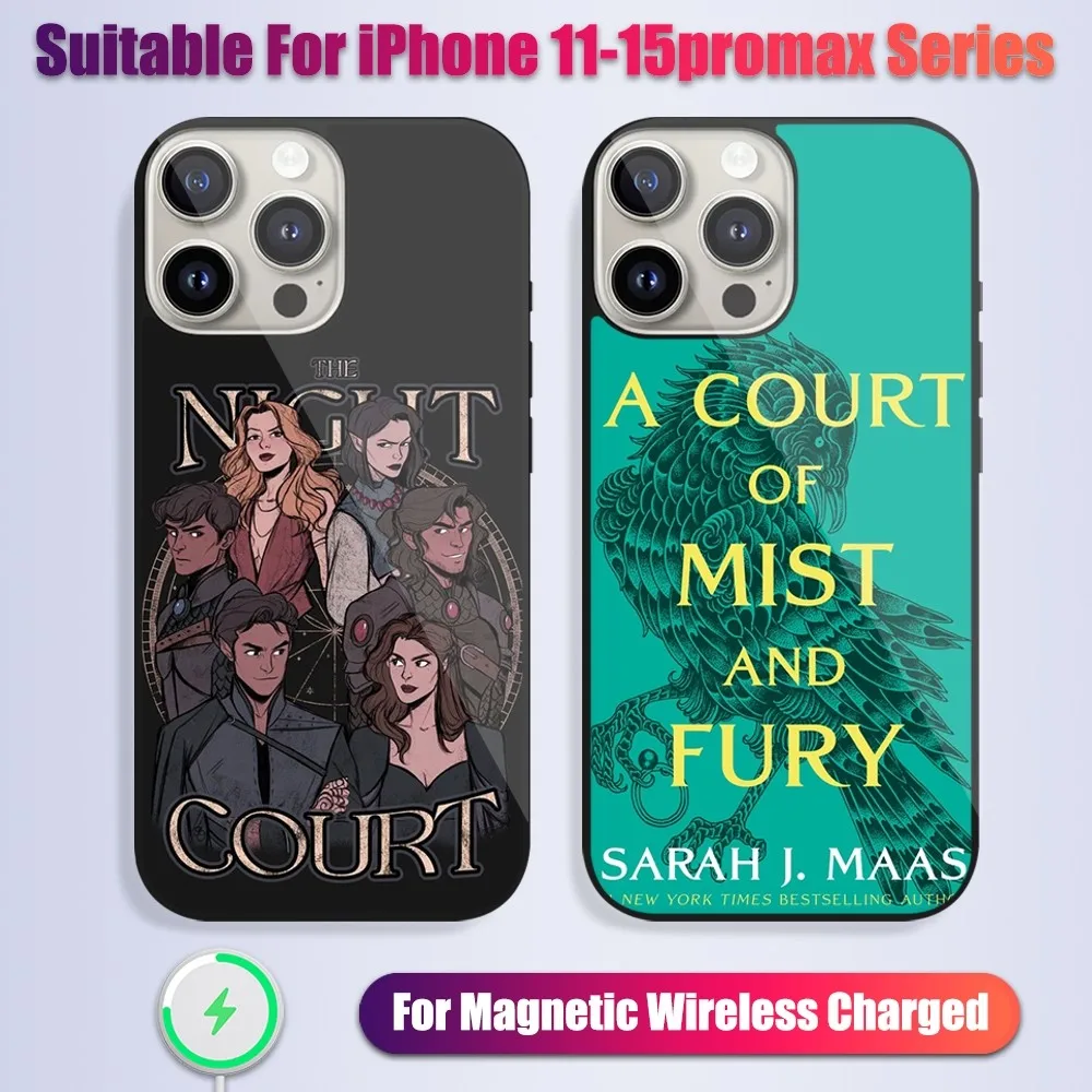 A C-Court of Mist and Fury Book Phone Case For iPhone 13 14 15 11 12 Pro Max Plus Glass Charging Magsafe Magnetic Cover