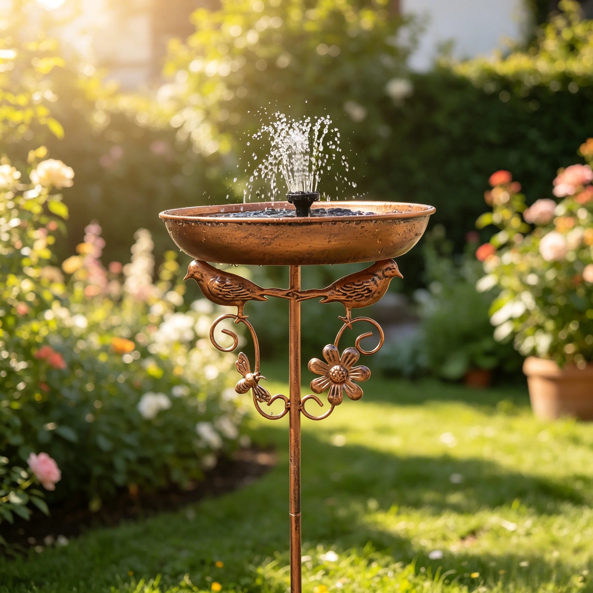 A Vintage Copper-Colored Iron Bird Bath with a Solar-Powered Fountain, Outdoor Rust-Proof with 5 Stable Legs, Garden and Yard Decoration, Bird Drinking and Bathing Station, Easy to Clean, Classic Garden Decoration, Outdoor Decoration, Durable Handmade Product, Holiday Decoration/Outdoor Bird Feeder/Basic Feeding Equipment/Outdoor Scene Decoration