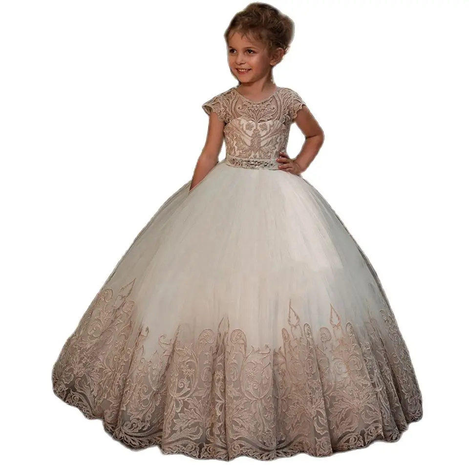 Ball Gown Flower Girl Dresses 2020 Appliques Short Sleeves Kids Princess Dress For Weddings First Communion Dress Pageant Gowns