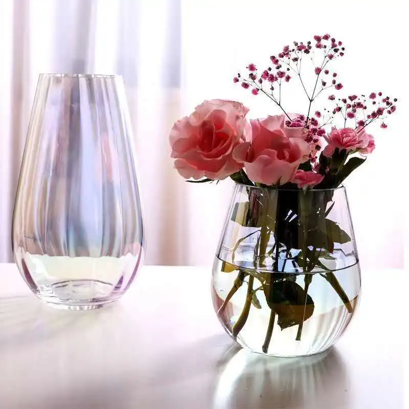 Iridescent  Colorful rainbow vertical pattern transparent glass vase desktop ornaments flower arrangement