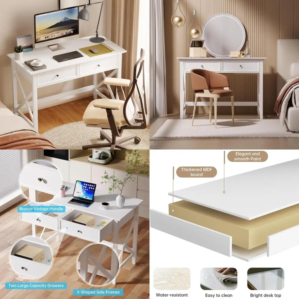 Modern White 42 Long Desk with 2 Drawers, Home Office Writing Desk, Storage Vanity Desk for Study