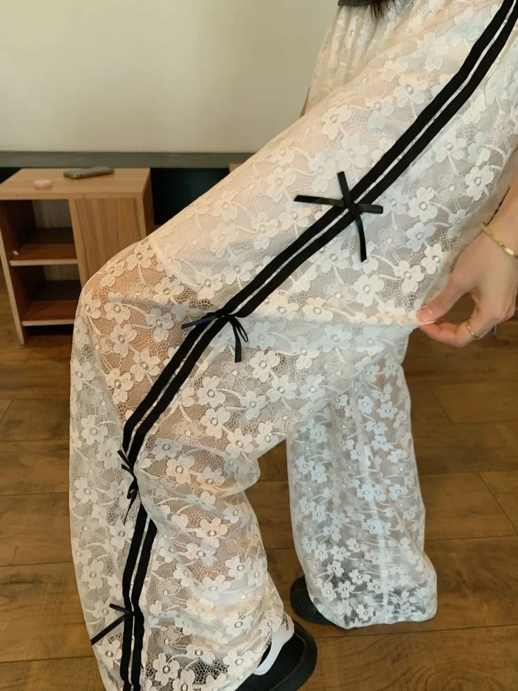 HOUZHOU Korean Style Baggy Lace Pants Women Sexy See Through Trousers Coquette Aesthetic Bow Wide Leg Pants Casual Sweet Fairy