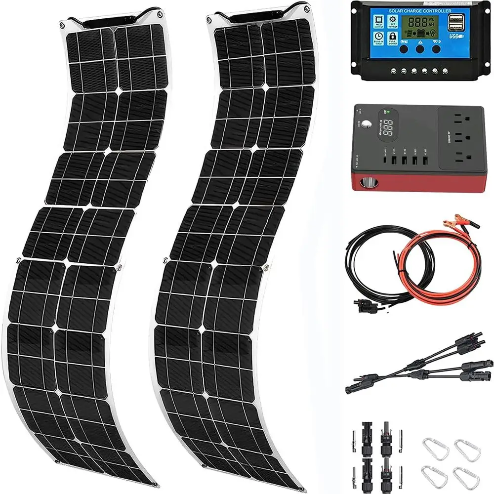 500W Solar Panel Kit with 2x250W Flexible Solar Panels, 40A Charge Controller, and Inverter for Off-Grid Battery, Boat Camping