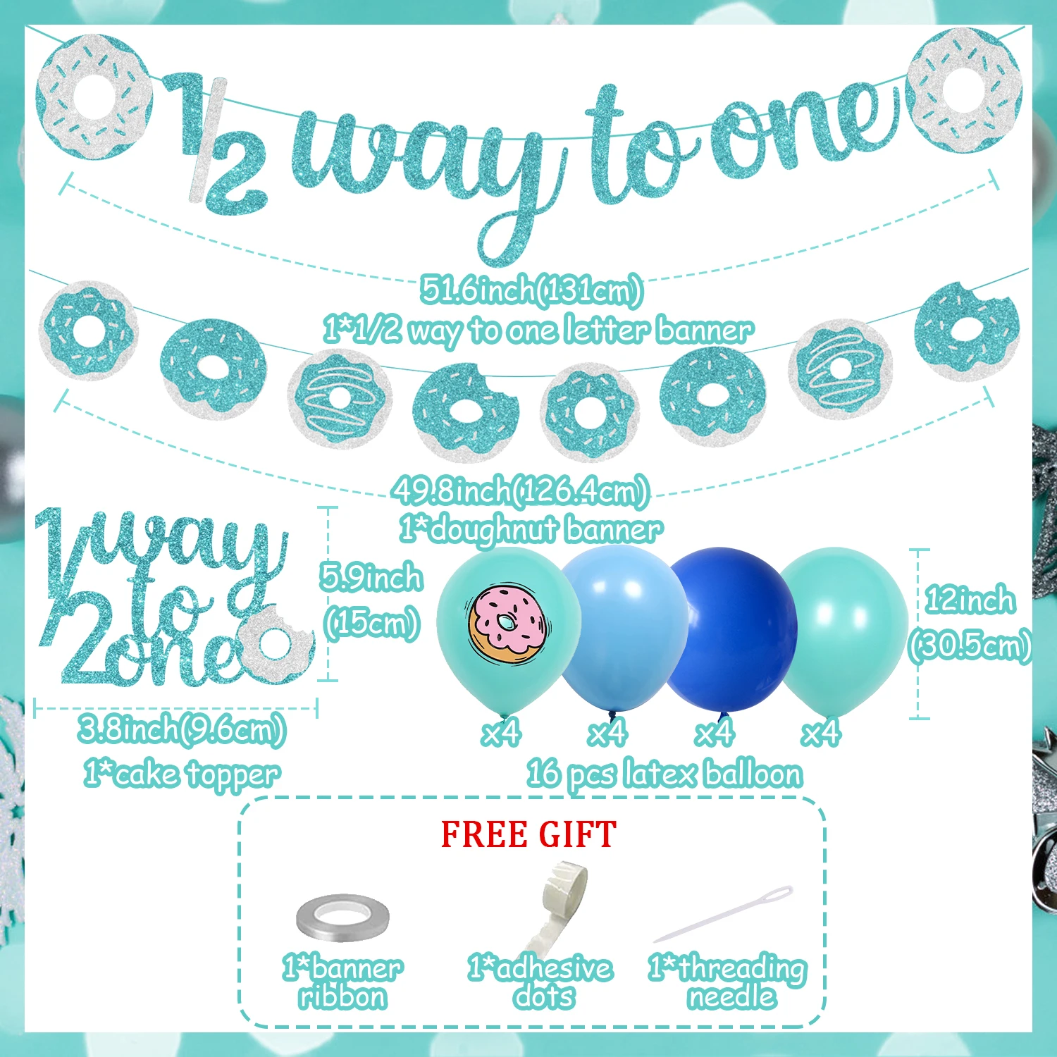 Donut Theme Half Birthday Party Decorations Blue 1/2 Way To One Banner Cake Topper Donut Balloon Set for 6 Months Boys and Girls