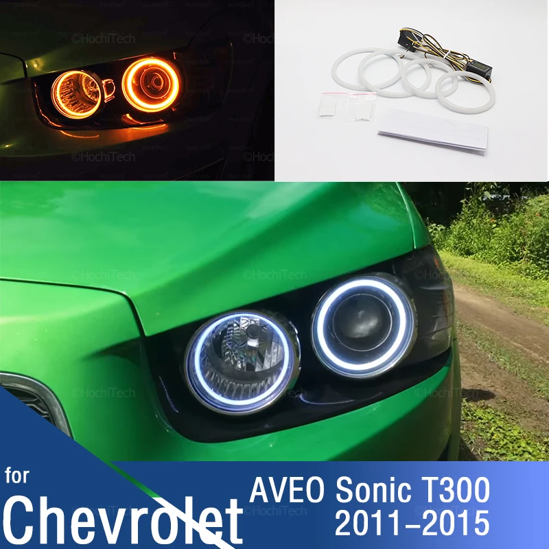 Car Angel Eyes Rings Led DRL Daytime Running Light for Chevrolet AVEO Sonic T300 2011-2015 pre Facelift Turn Signal White Yellow