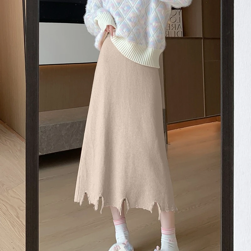 2023 Fall Winter New Knitted Skirt Women Elastic Waist Loose Thin Fashion Personality Broken Edge Knitted Versatile Skirt Female