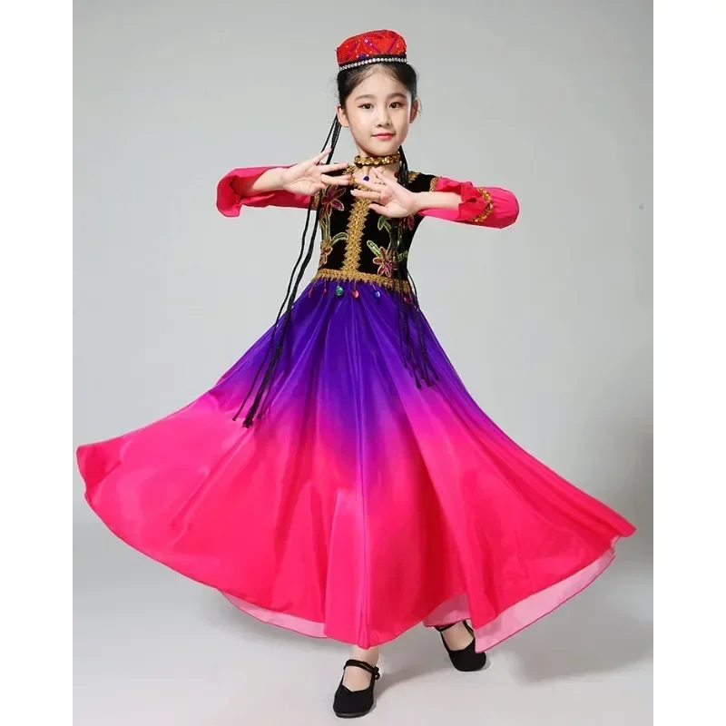Детский китайский этнический танец Синьцзянский танцевальный костюм для девочек-уйгурский костюм Казах-мирности этнический танцевальный костюм prosceniumGirl Детский китайский этнический танец Синьцзянский танцевальный костюм для девочек-уйгурский костюм Казах-мирности этнический танцевальный костюм prosceniumGirl