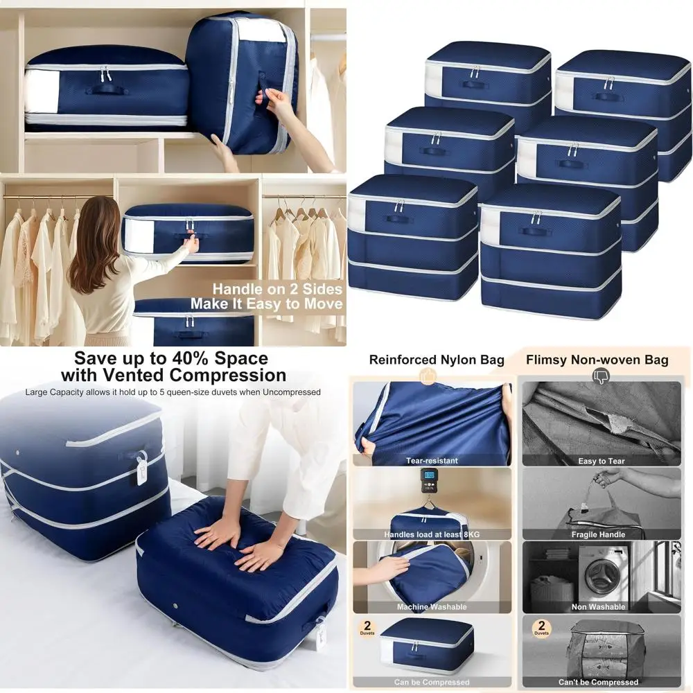 

6-Piece Large Capacity Self-Compression Storage Bags for Blankets and Comforters, Navy Blue