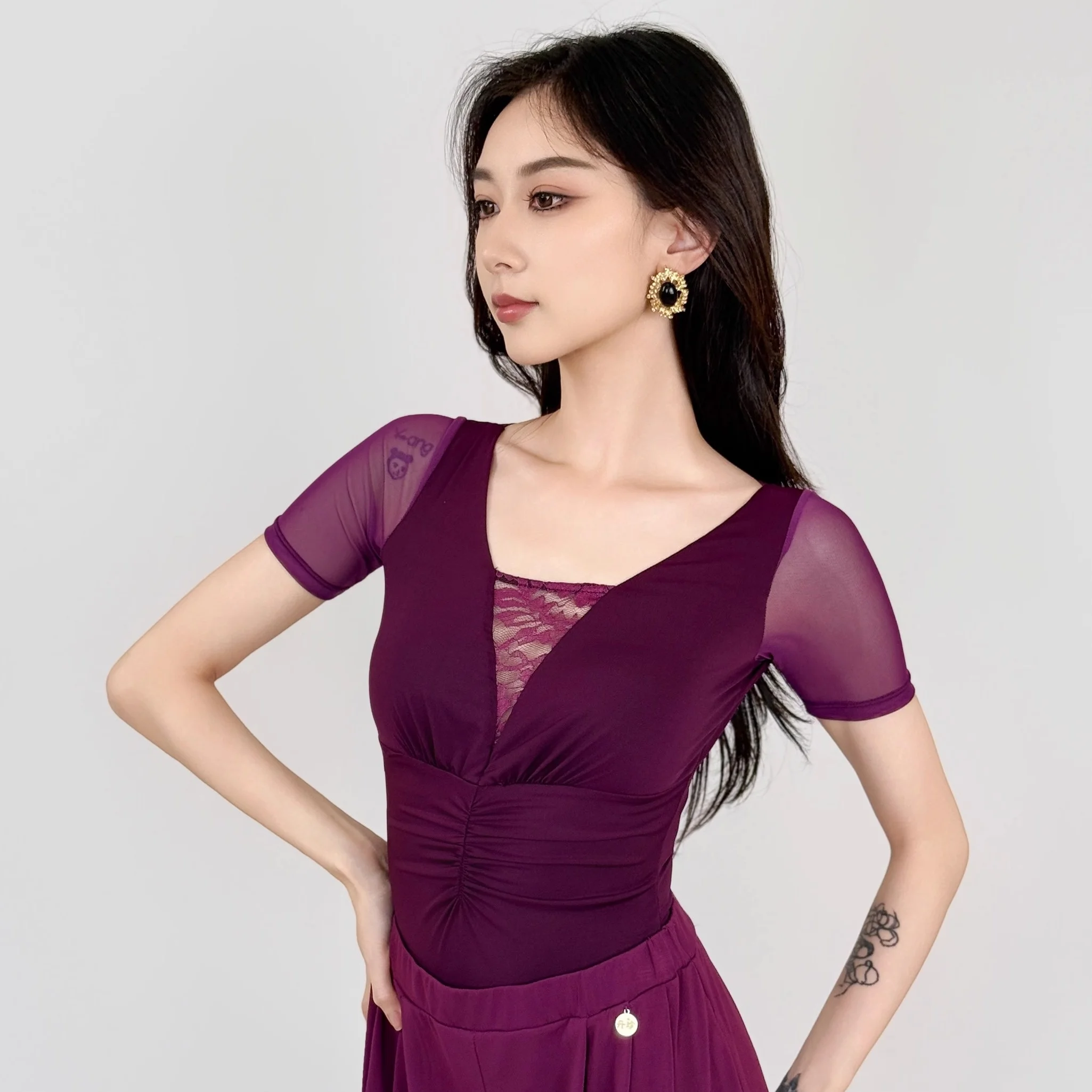 

Modern Dance Short Sleeve Lace Mesh Top Dance Waltz National Standard Dance Practice Clothing Latin Dance Clothes Women DN20971