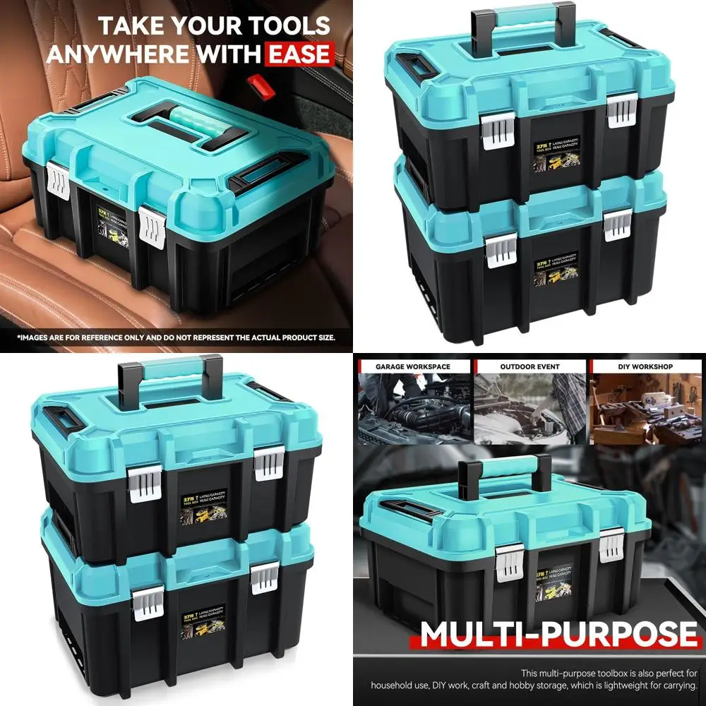 

Портативные двойные ящики для инструментов 17 дюймов с выдвижным лотком и ручкой для гаража, мастерской, дома и хранения в багажнике автомобиля, синие