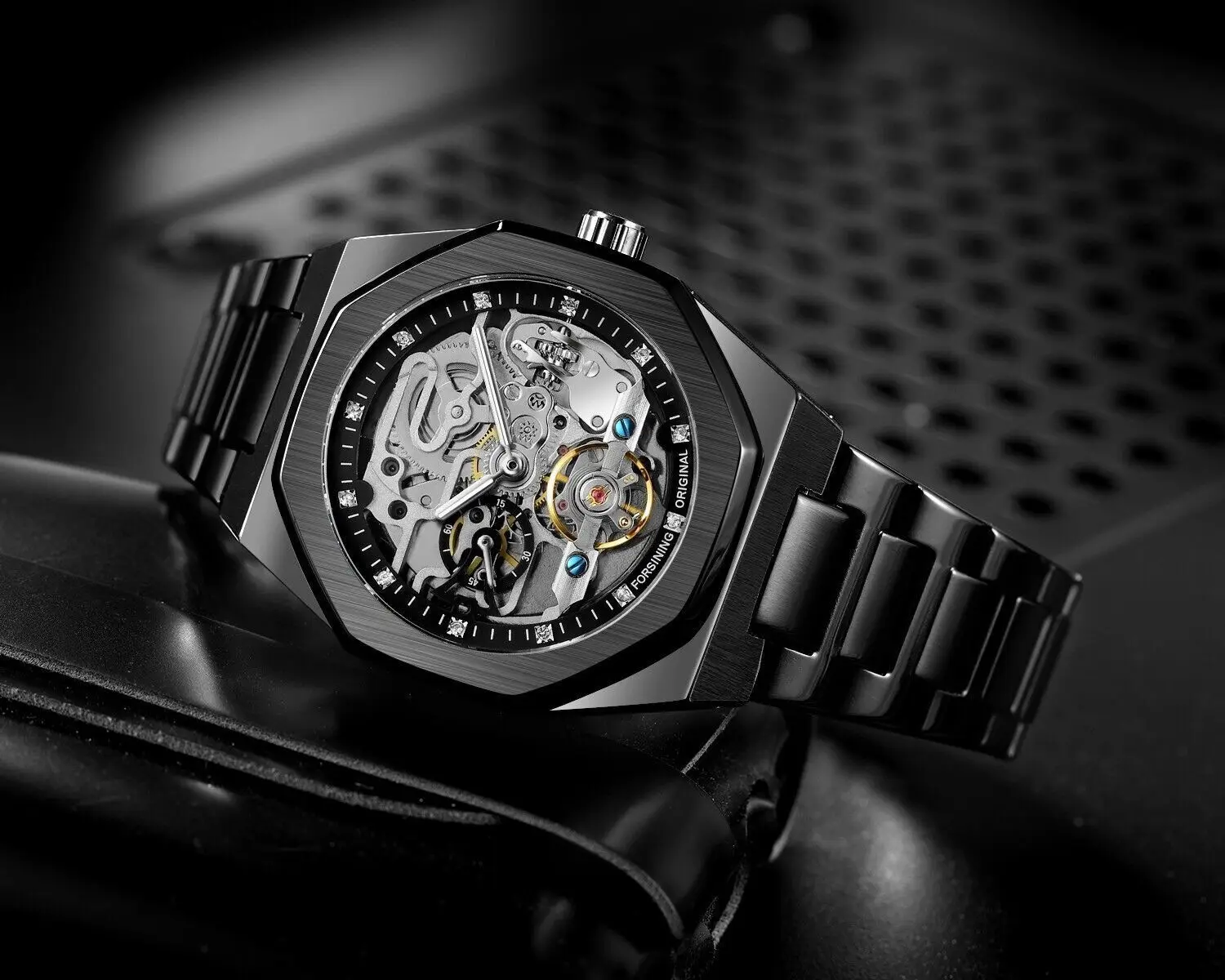 Mens Business Mechanical Watch Black Skeleton Stainless Steel Automatic Self Winding Luxury Brand Wristwatch Nice Gift