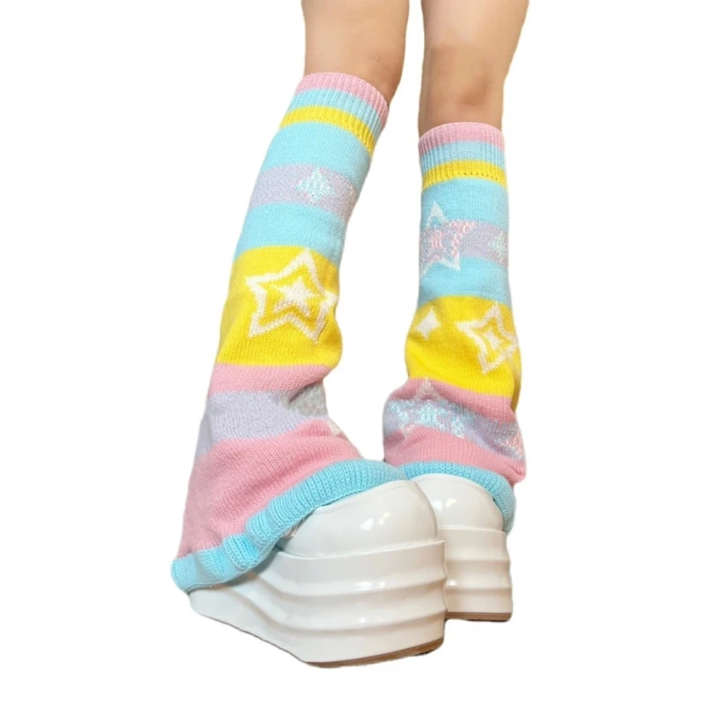 Candy Color Rainbow Reversible Flared Leg Warmers with Sweet Star Pattern for Women Aesthetic Knitted Foot Covers Socks