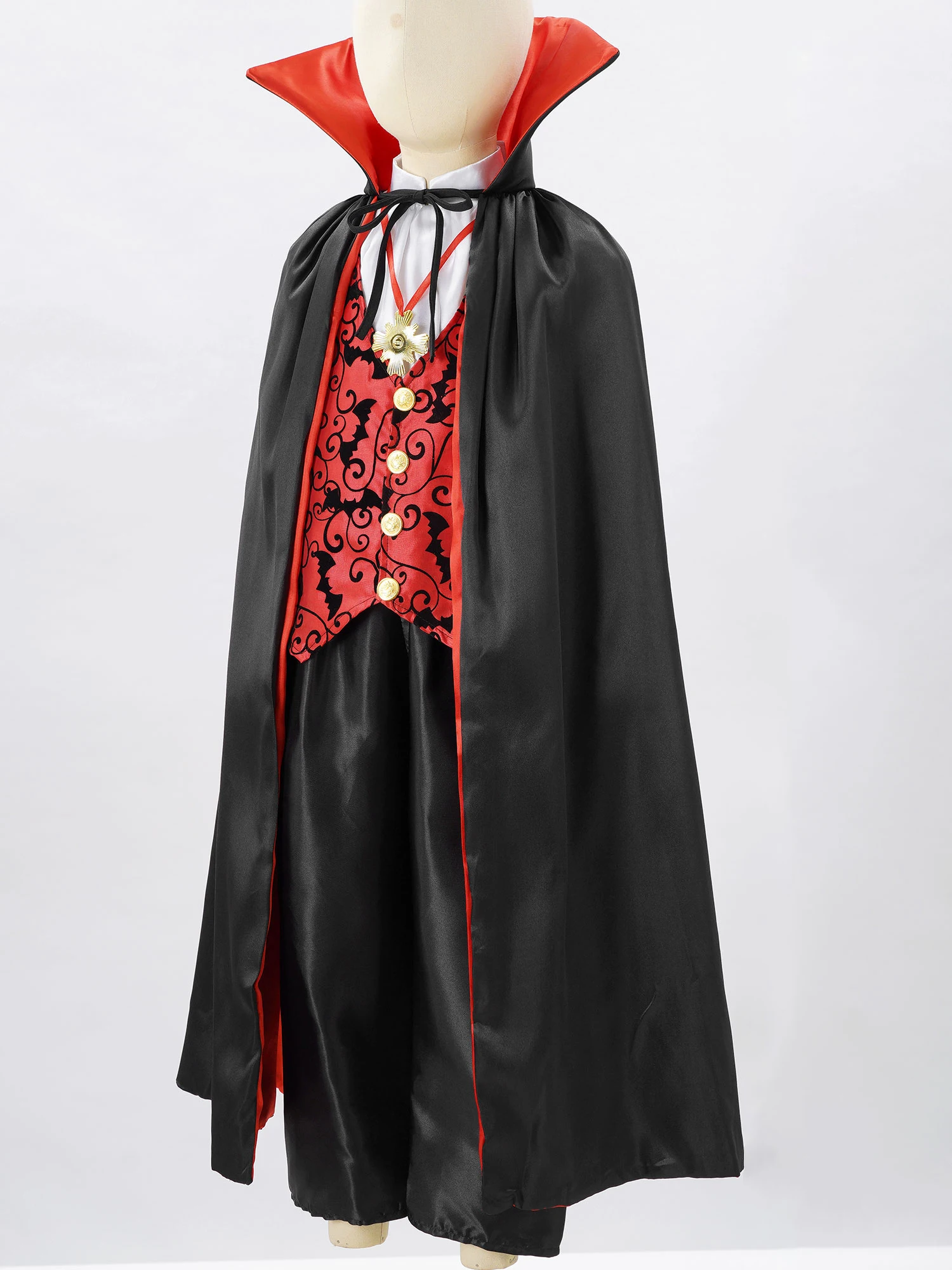 Boys Girls Halloween Vampire Dress Up Costumes Fake Two Piece Tops Long Pants Stand Collar Cloak Suit Masquerade Cosplay Outfit