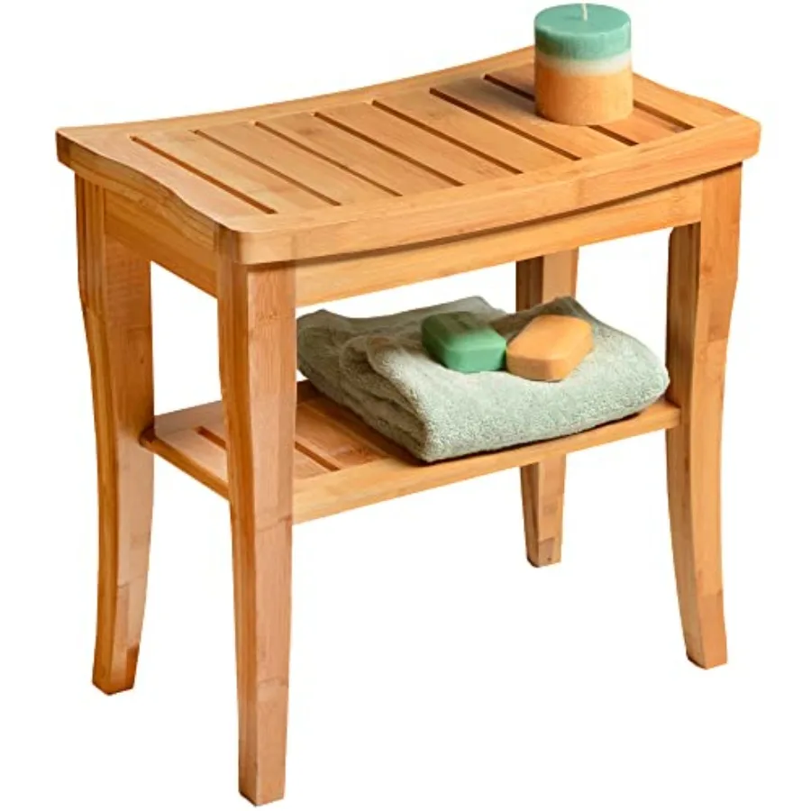 

Shower Bench - Small Wooden Shower Stool with Storage Shelf Non-Slip Bathroom Seat Spa Decor Bath Bench Feet Rest Shaving Stool