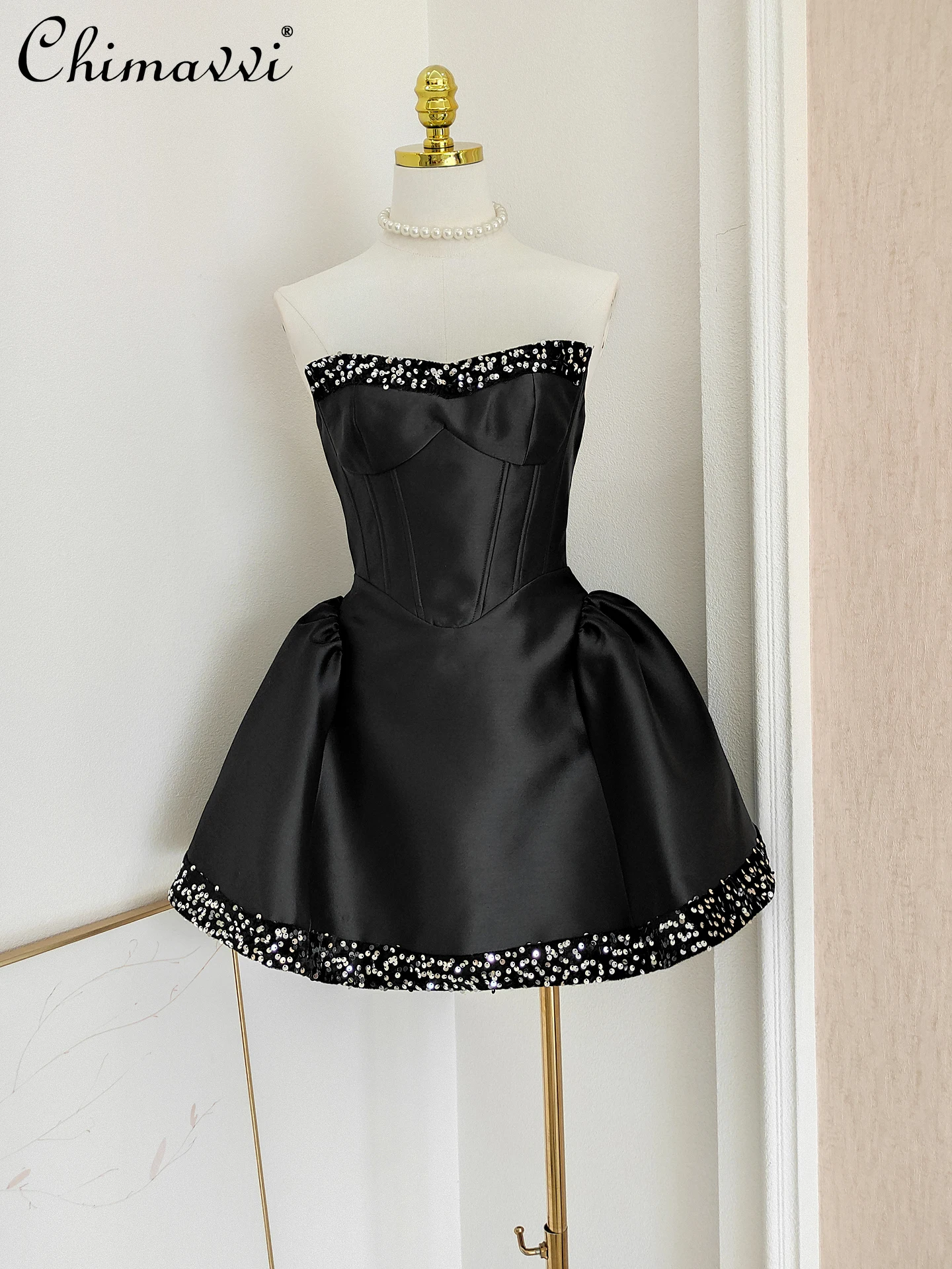 

French Vintage Elegant Sexy Celebrity Black Dress Sleeveless Off-Shoulder High Waist Slim A-line Sequin Short Dress Women Summer