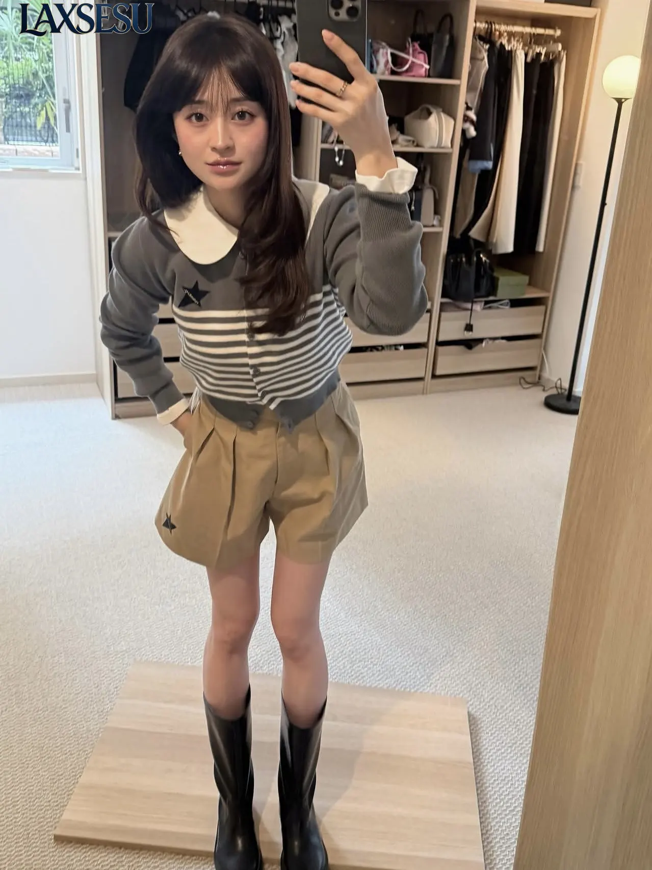 Japanese Autumn Elegant Style Casual Versatile Comfortable New Top Star Striped Color Blocked Detachable Collar Cardigan