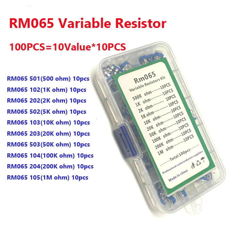 100Pcs/Box RM065 Variable Resistor Carbon Film Horizontal Trimpot Potentiometer Assortment Kit  RM065 10Values 500R - 1M