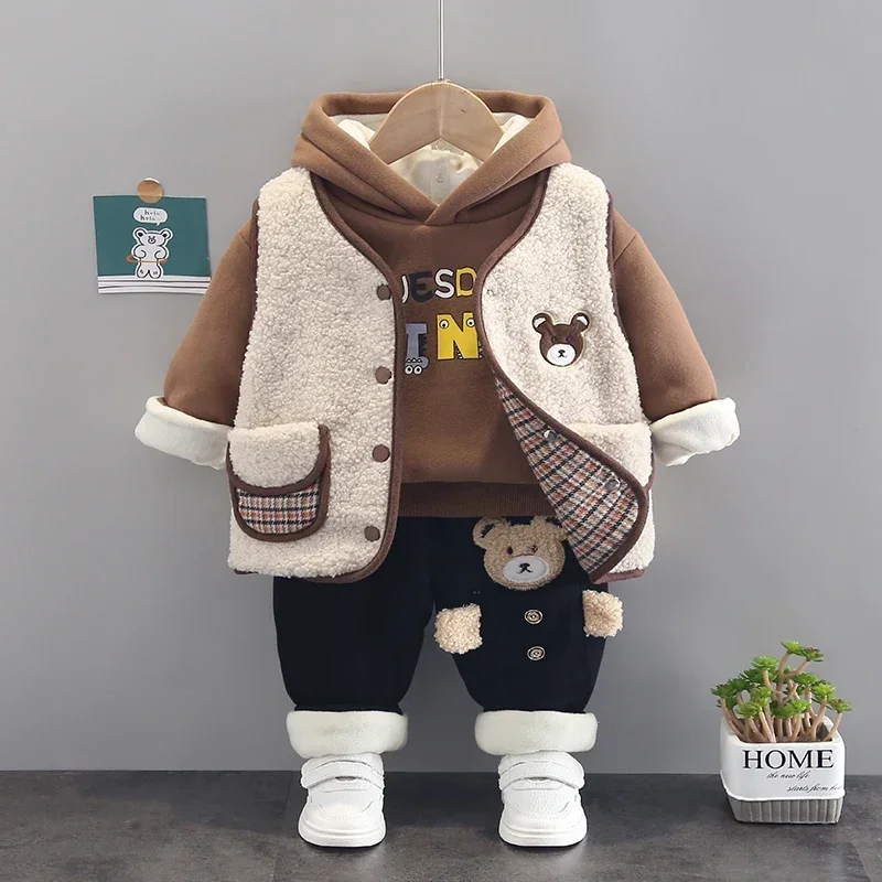 Baby Boys/Girls Clothing Set Tricken Fleece Children Hooded Outerwear Tops Pants 3PCS Outfits Kids Toddler Warm Costume Outfits