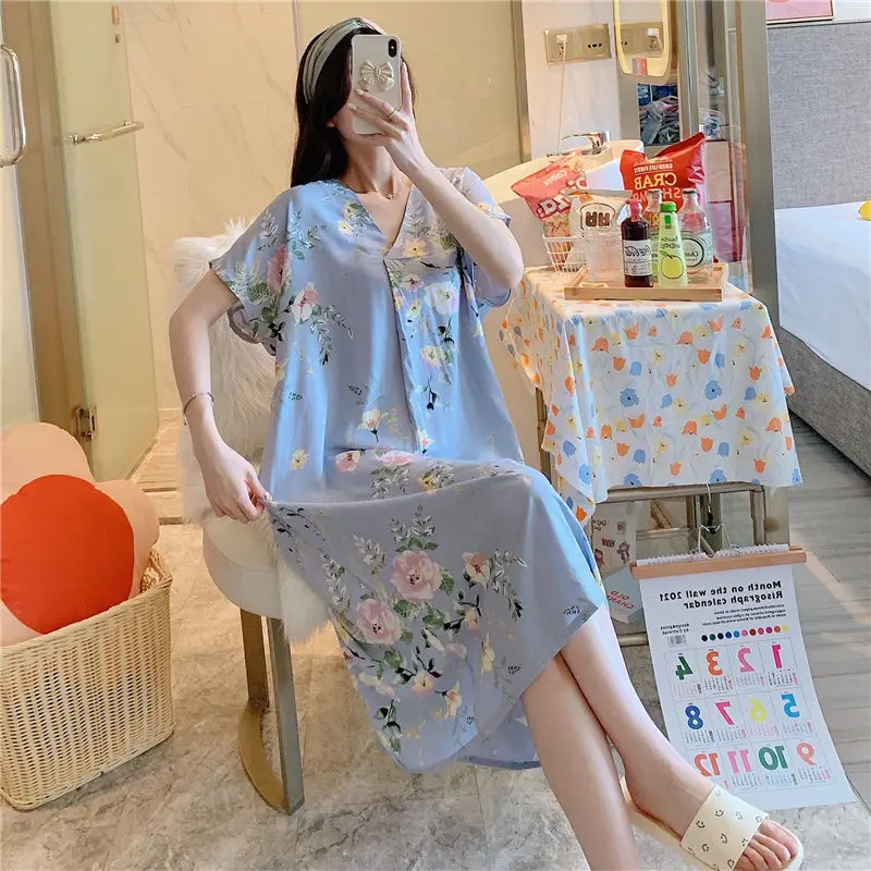 Summer Nightgown Women Cotton Sleepwear Short Sleeve Dresses Night Gown Print Homewear Loose Korean Fashion Dress New