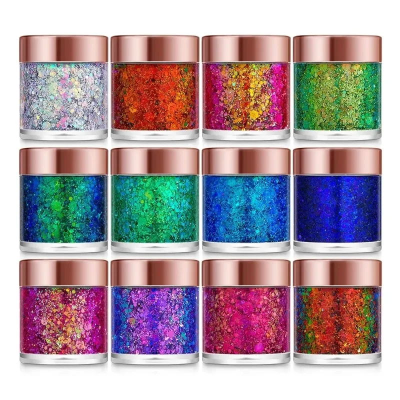 Pailletten-Körper-Glitzer-Gel, langlebiger Glitzer für Körper, Gesicht, Haare, Chamäleon, Lidschatten, Pailletten, Creme, Diamant-Make-up, Party, Festival