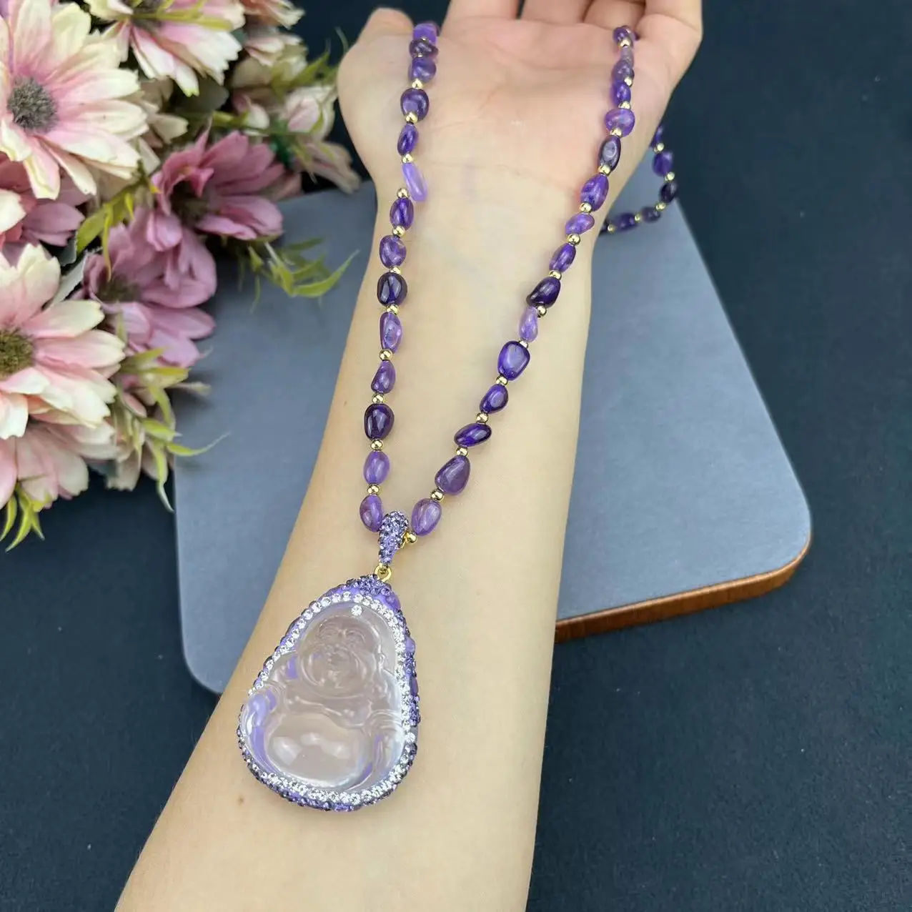 DIY accessories Live stream new product Ziqi Donglai Maitreya Buddha sweater chain natural amethyst full of diamonds handmade de