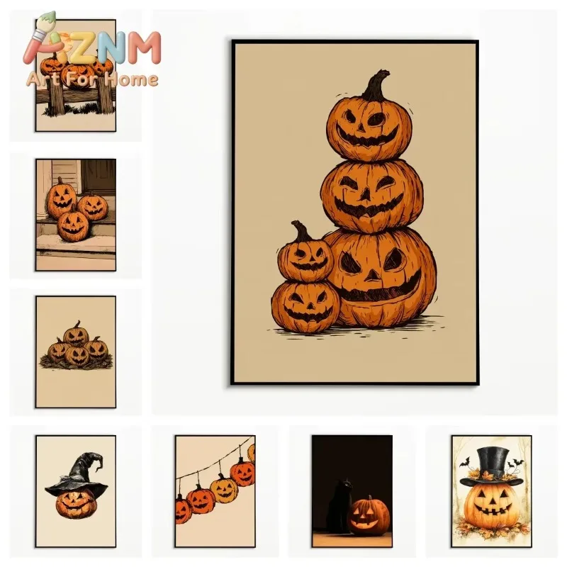 1PC Rural Halloween Pumpkin Poster Retro Autumn Farmhouse Wall Art Cartoon Grimace Pumpkin Canvas Printing Fall Gift Room Decor