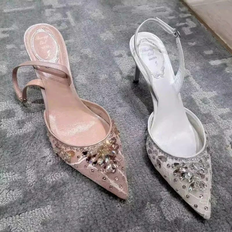Diamond Lace Pointy Sandals Wedding Shoes Women's 8Cm High Stiletto Heels Single Shoes Bridal Shoes Crystal Banquet Dress Shoe