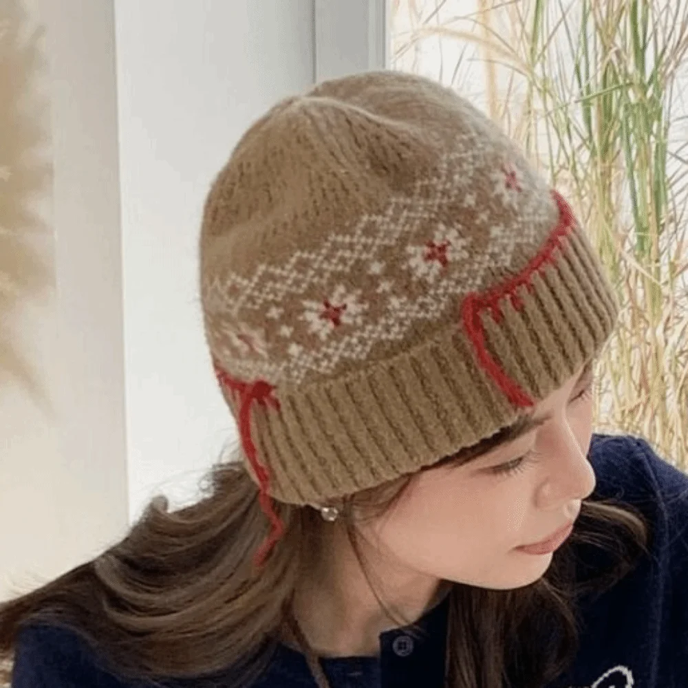

Fashion Woolen Knitted Pullover Hat Coldproof Ear Protection Jacquard Woolen Hat Polyester Solid Color Beanies Cap Girls