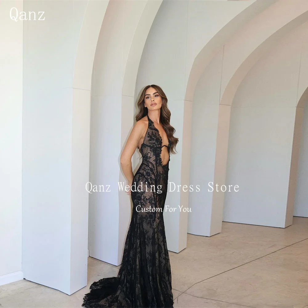 Qanz فستان حورية البحر المتواضع للحفلات الراقصة، رقبة رسن، أسود رقيق، مزين بالدانتيل، فساتين سهرة عميقة على شكل حرف V، فستان حفلات مخصص