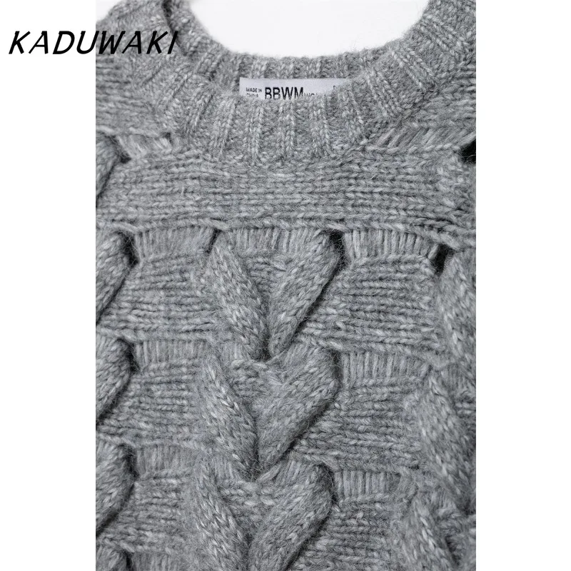 KADUWAKI European Women's Twisted Rope Knit Pullovers Fashion O Neck Long Sleeve Sweaters Vintage Female Sweaters Chic Jumpers